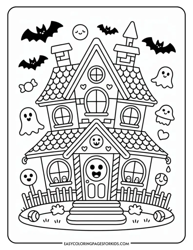 A whimsical coloring page of a haunted house with a smiling face on the door, surrounded by cartoon bats, ghosts, and candies. The house has a picket fence, circular windows, heart decorations, and a curved roof. The scene is set in a playful, Halloween-themed style.