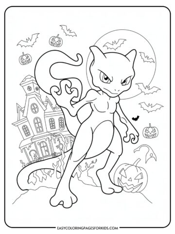 A coloring page featuring a cartoon cat-like creature standing in front of a haunted house with bats flying around and jack-o'-lanterns on the ground under a large full moon.