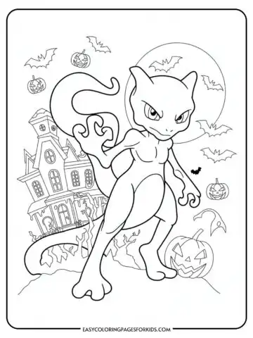 A coloring page featuring a cartoon cat-like creature standing in front of a haunted house with bats flying around and jack-o'-lanterns on the ground under a large full moon.