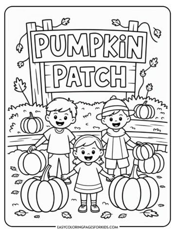 Black and white coloring page depicting three children smiling in a pumpkin patch, surrounded by pumpkins and autumn leaves, with a 