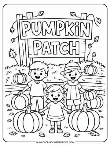 Black and white coloring page depicting three children smiling in a pumpkin patch, surrounded by pumpkins and autumn leaves, with a 