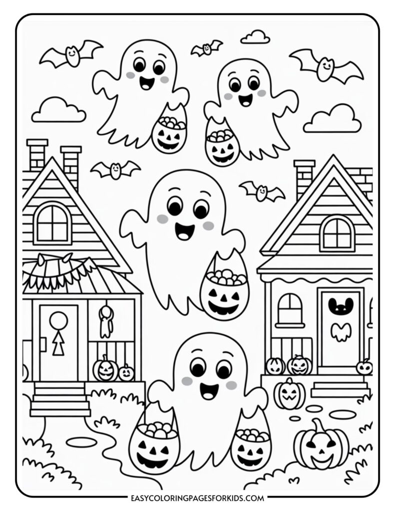 A Halloween-themed coloring page featuring three cheerful ghosts holding pumpkin baskets filled with candy. Bats fly in the sky above two decorated houses with jack-o-lanterns on the porches, amidst a few clouds.