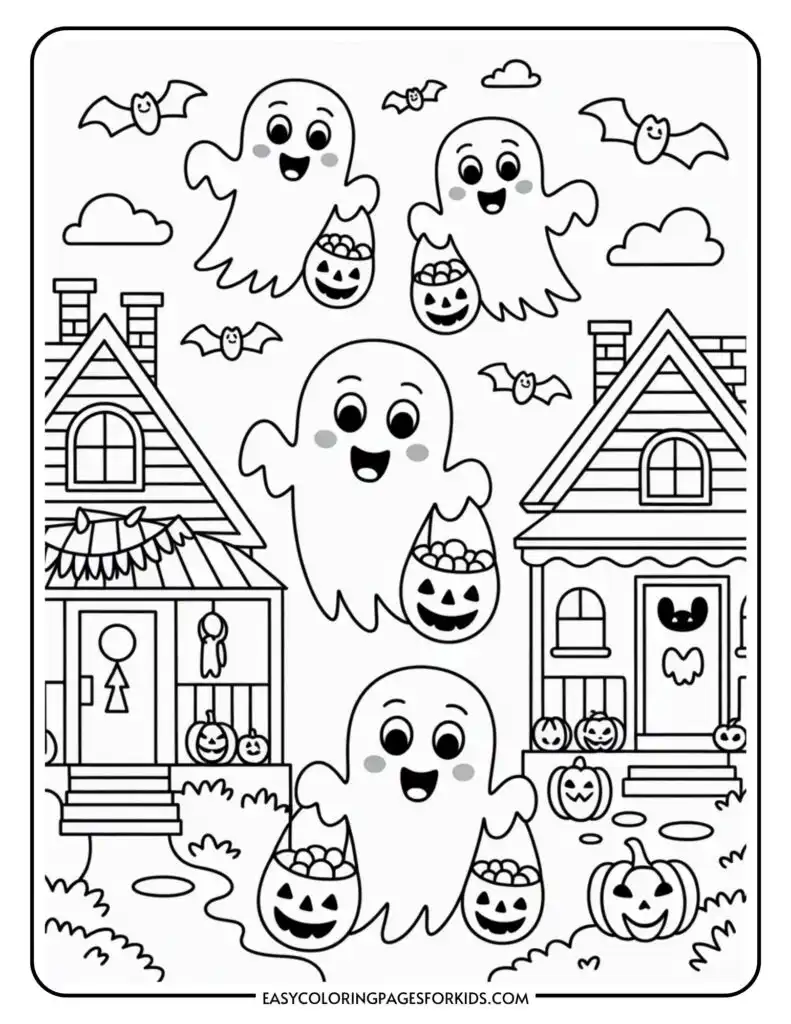 A Halloween-themed coloring page featuring three cheerful ghosts holding pumpkin baskets filled with candy. Bats fly in the sky above two decorated houses with jack-o-lanterns on the porches, amidst a few clouds.