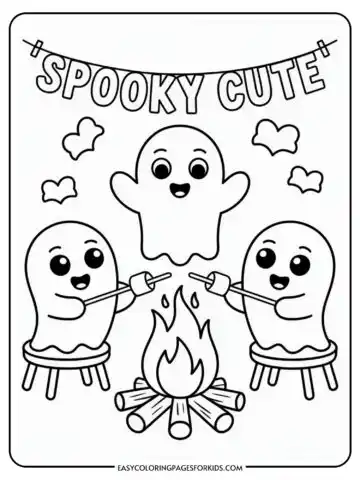 Coloring page featuring three cute ghosts around a campfire, with two roasting marshmallows and the word 'Spooky Cute' overhead. Small clouds are in the background.