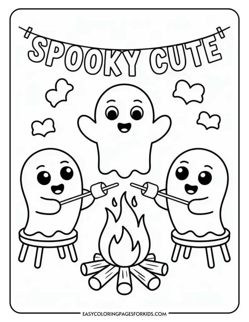 Coloring page featuring three cute ghosts around a campfire, with two roasting marshmallows and the word 'Spooky Cute' overhead. Small clouds are in the background.