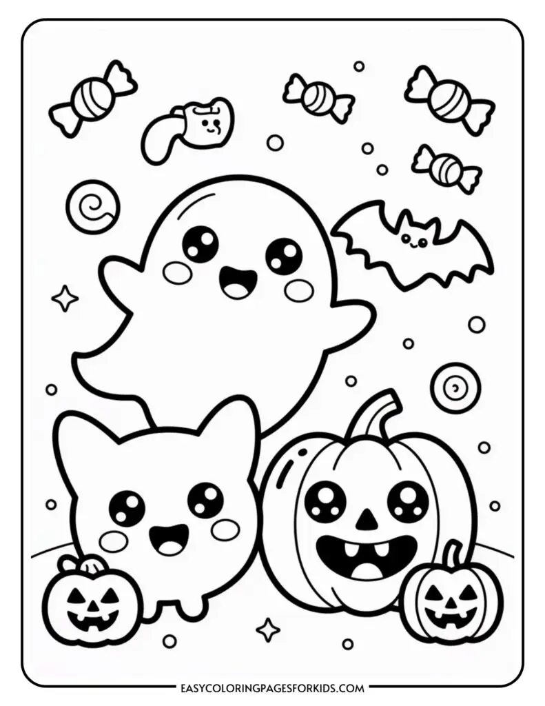 A cute Halloween-themed coloring page featuring a smiling ghost, a cat with a small pumpkin, and a large jack-o'-lantern. Surrounding them are candy pieces, a bat, and stars, creating a festive and playful atmosphere.