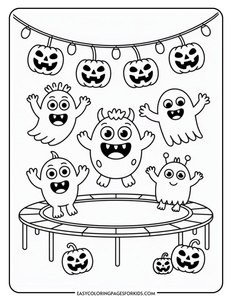 Cartoon monsters and ghosts with smiling faces are playfully bouncing on a trampoline, surrounded by carved jack-o'-lanterns and Halloween decorations.