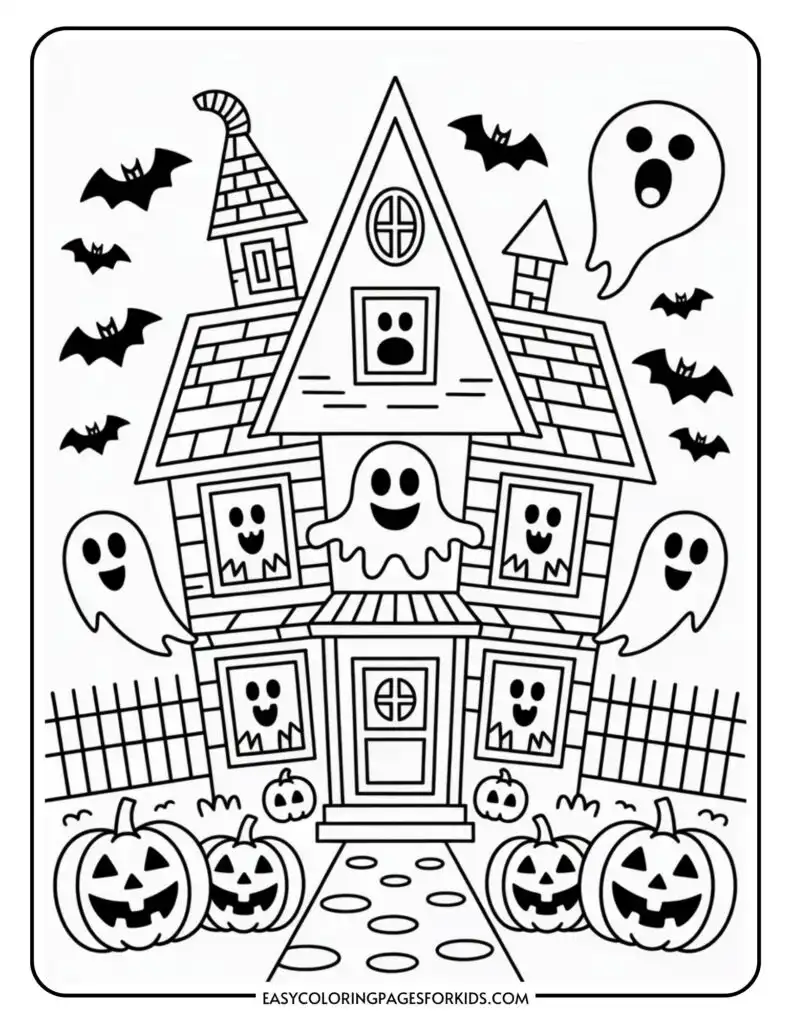 A Halloween-themed coloring page featuring a haunted house with ghosts in the windows and around the building, several bats flying, and carved pumpkins lining the path to the door.
