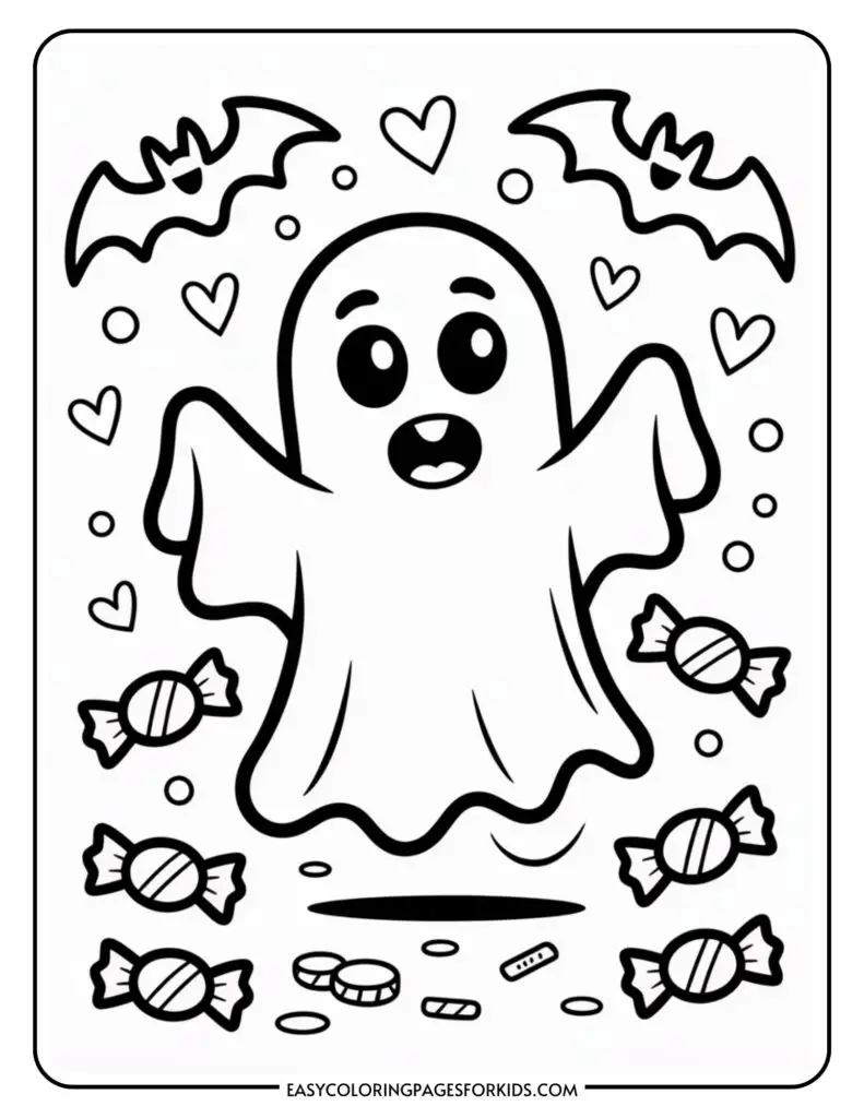 A cute ghost with a smiling face surrounded by two bats, hearts, and various candies, set against a plain background.