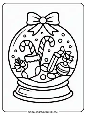 Black and white illustration of a Christmas snow globe featuring candy canes, a stocking, wrapped gifts, and ornaments with a large bow on top.