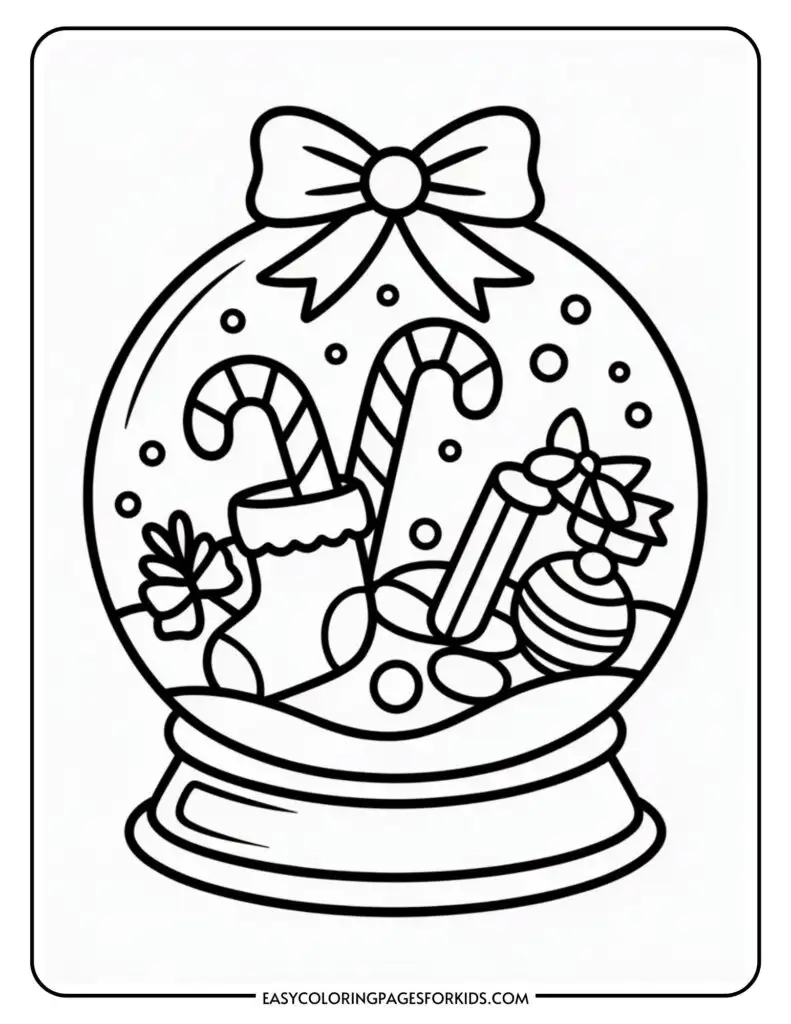 Black and white illustration of a Christmas snow globe featuring candy canes, a stocking, wrapped gifts, and ornaments with a large bow on top.