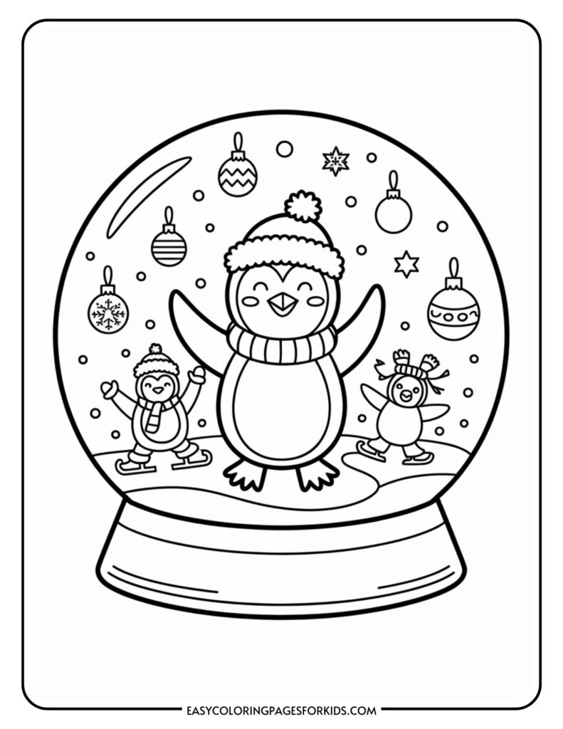 Coloring page depicting a snow globe with three cheerful penguins wearing winter accessories, surrounded by snowflakes and ornaments.