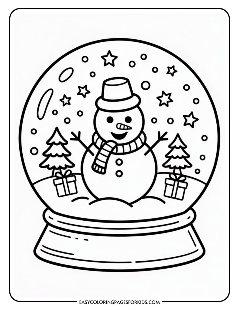 A coloring page featuring a snow globe with a smiling snowman wearing a hat and scarf inside, surrounded by stars and snowflakes. Two pine trees with gift boxes are on either side of the snowman.