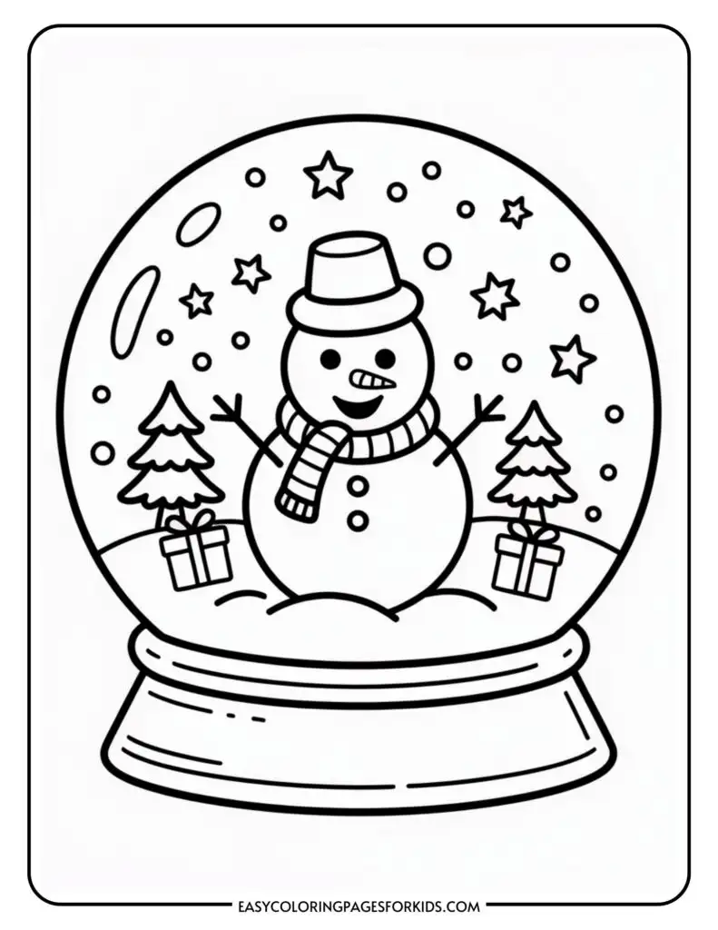 A coloring page featuring a snow globe with a smiling snowman wearing a hat and scarf inside, surrounded by stars and snowflakes. Two pine trees with gift boxes are on either side of the snowman.