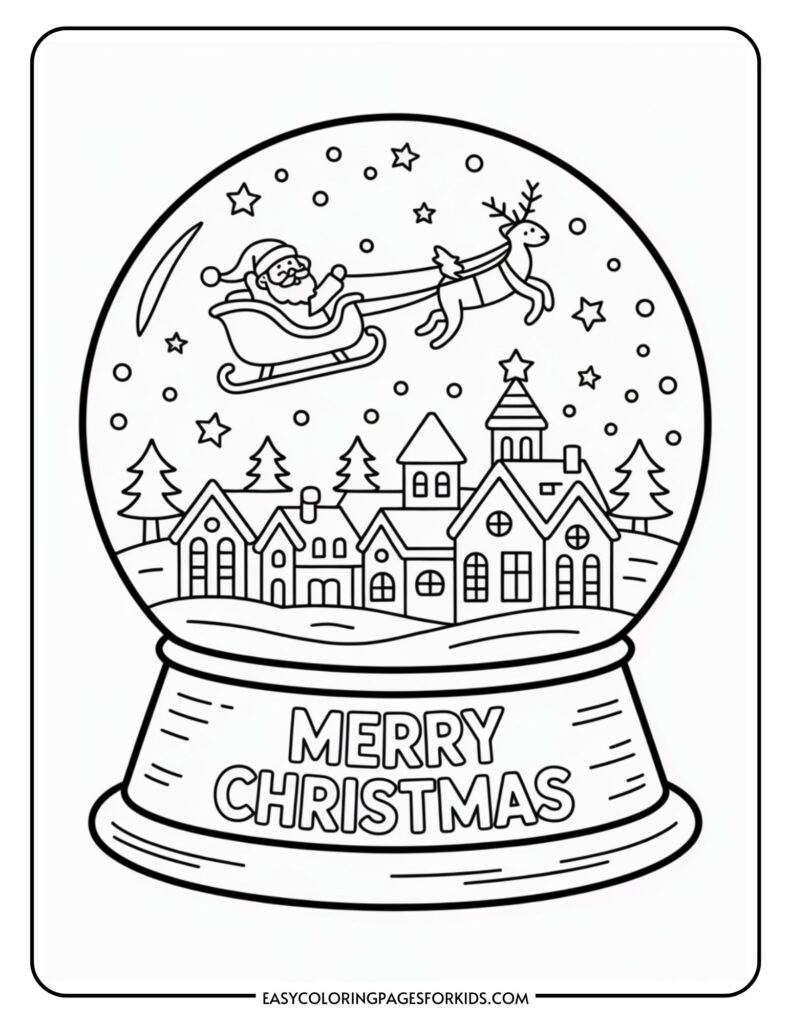 A coloring page of a snow globe featuring Santa Claus in a sleigh pulled by a reindeer, flying over a snow-covered village with Christmas trees and a church. Stars and snowflakes decorate the sky inside the globe, with "Merry Christmas" written on the base.