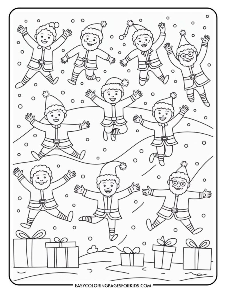 Illustration of nine playful elves in Christmas attire joyfully jumping among a snowy landscape, with five wrapped presents at the bottom and snowflakes in the background.