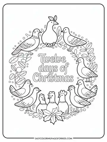 Coloring page featuring a wreath of birds surrounding the words 'Twelve days of Christmas,' with decorative leaves and a bow at the bottom.