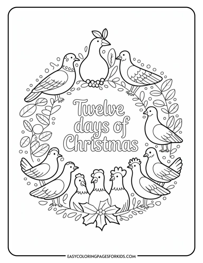 Coloring page featuring a wreath of birds surrounding the words 'Twelve days of Christmas,' with decorative leaves and a bow at the bottom.