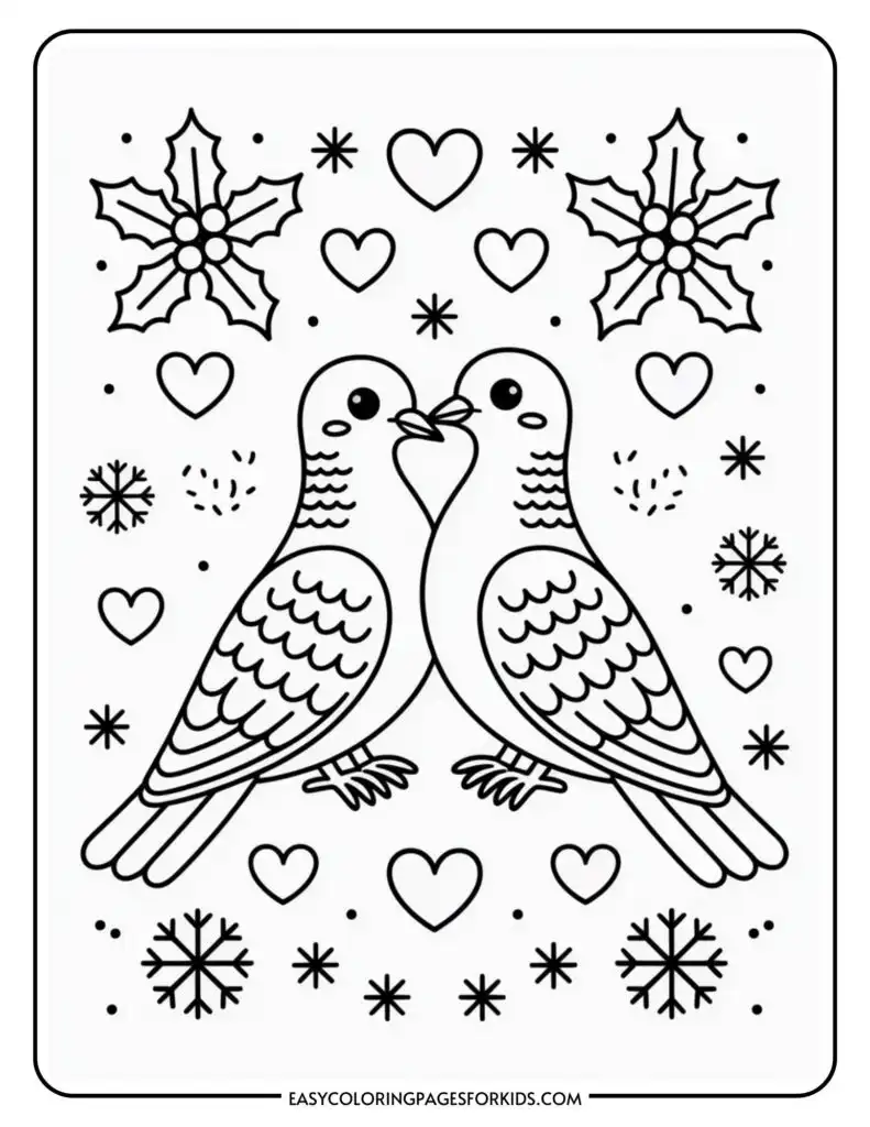 A black and white coloring page featuring two birds facing each other, surrounded by hearts, snowflakes, and holly with berries.