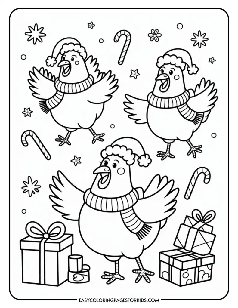 A festive coloring page featuring three cartoon chickens wearing Santa hats and scarves, surrounded by candy canes, snowflakes, and gift boxes.