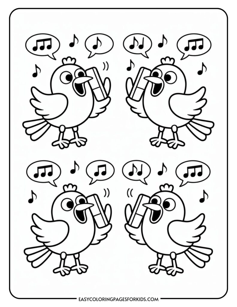 A coloring page featuring four cartoon birds each holding a smartphone to their ear, surrounded by musical notes and speech bubbles with musical notes, suggesting they are listening to music.