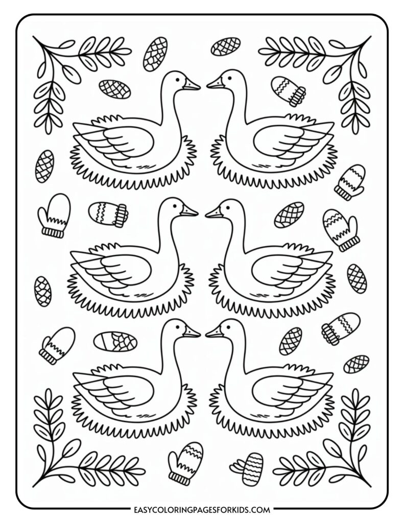 A black and white coloring page featuring four geese surrounded by leaves, acorns, and mittens, arranged symmetrically.