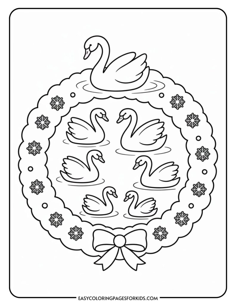 Black and white illustration of six swans swimming, arranged in a circular formation with a decorative border featuring flowers and a bow at the bottom.