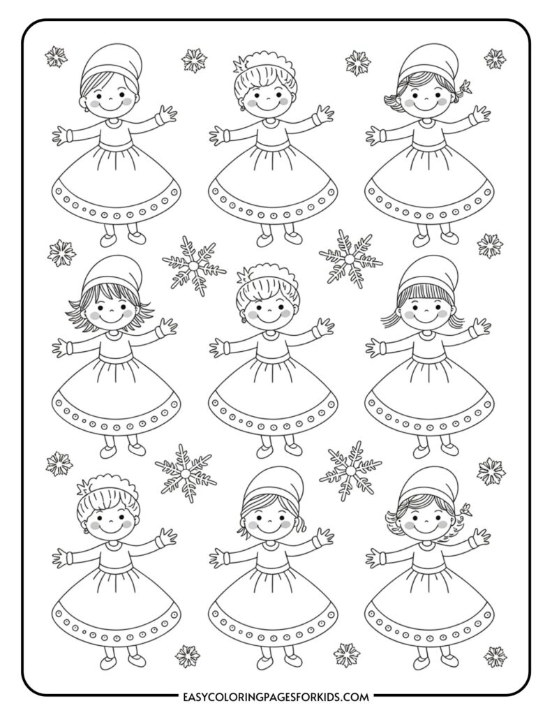 A black and white coloring page featuring nine smiling girls in winter clothing, each with their arms outstretched, surrounded by snowflakes.