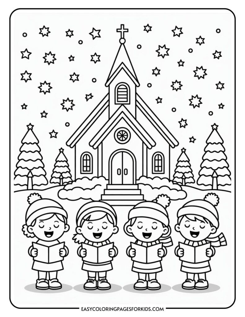 Black and white coloring page depicting four children singing Christmas carols in front of a decorated church, with snow-covered trees and stars in the sky.