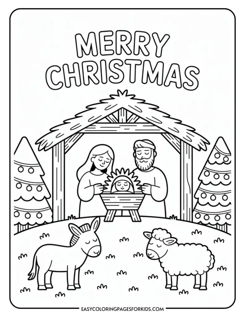 Christmas coloring page featuring a nativity scene with a baby in a manger, flanked by two figures under a stable with 'Merry Christmas' written above. A sheep and a donkey stand in the foreground, with decorated Christmas trees on either side.