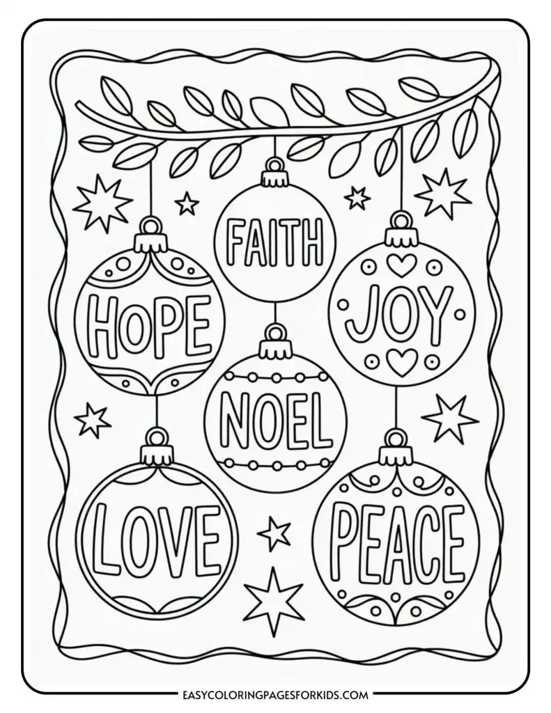 A coloring page featuring five Christmas ornaments hanging from a leafy branch, each labeled with words: 'HOPE', 'FAITH', 'JOY', 'LOVE', and 'PEACE', surrounded by stars and a wavy border.