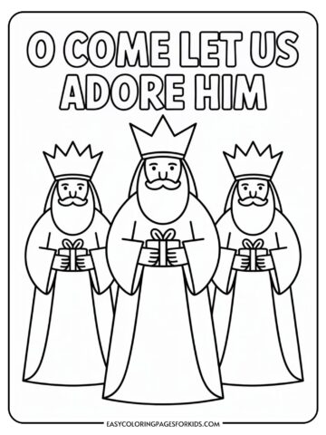 A coloring page featuring three kings, each holding a gift, with the text 