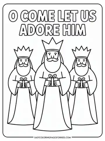 A coloring page featuring three kings, each holding a gift, with the text