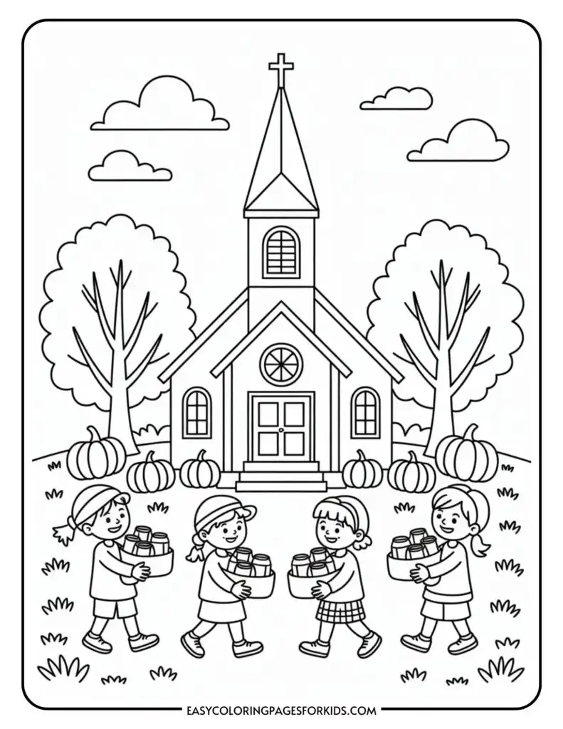 Four children carrying boxes of canned goods in front of a church surrounded by trees and pumpkins, under a sky with clouds.