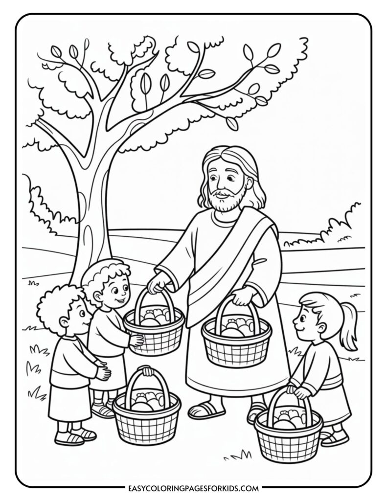 A coloring page showing a bearded man with long hair in a robe giving baskets filled with food to three children standing nearby, with a tree in the background.