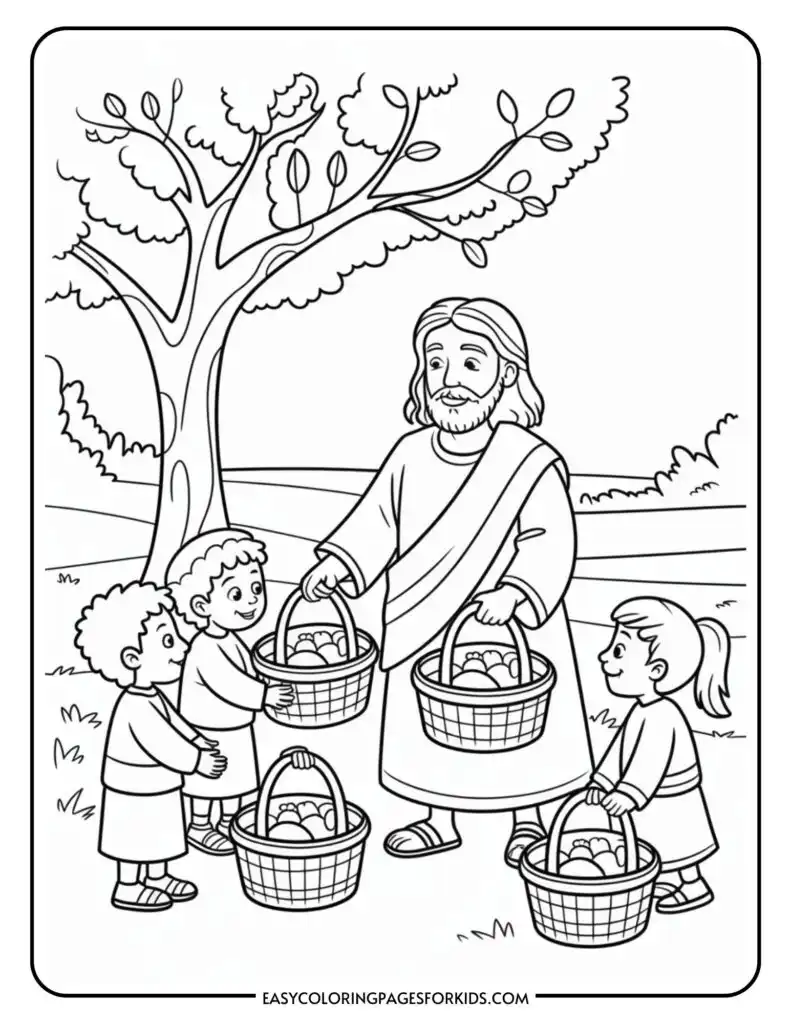 A coloring page showing a bearded man with long hair in a robe giving baskets filled with food to three children standing nearby, with a tree in the background.
