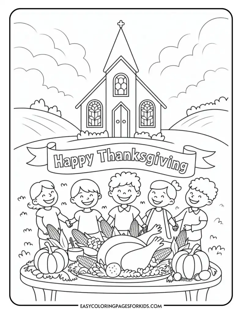 A Thanksgiving coloring page featuring a group of five smiling children holding hands in front of a feast with a turkey and vegetables. Above them, a banner reads "Happy Thanksgiving." In the background, there is a church with a cross on top, set against a cloudy sky and rolling hills.