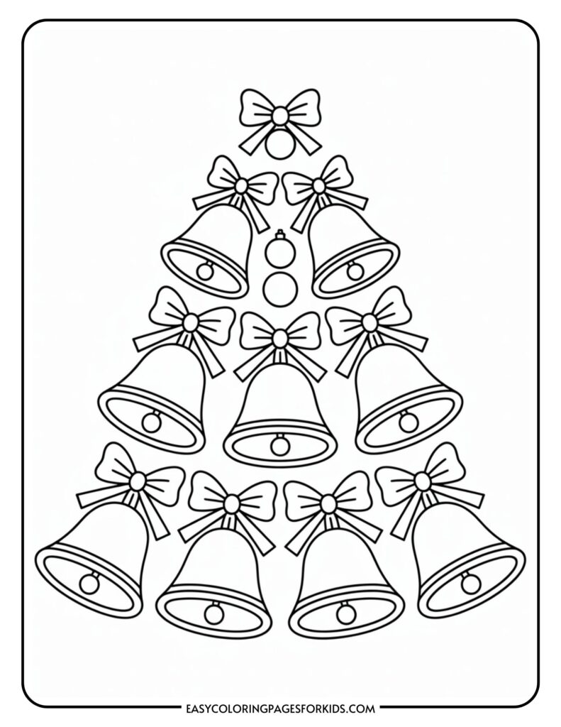 Coloring page featuring a Christmas tree shape made from bells with bows, arranged in a pyramid pattern.
