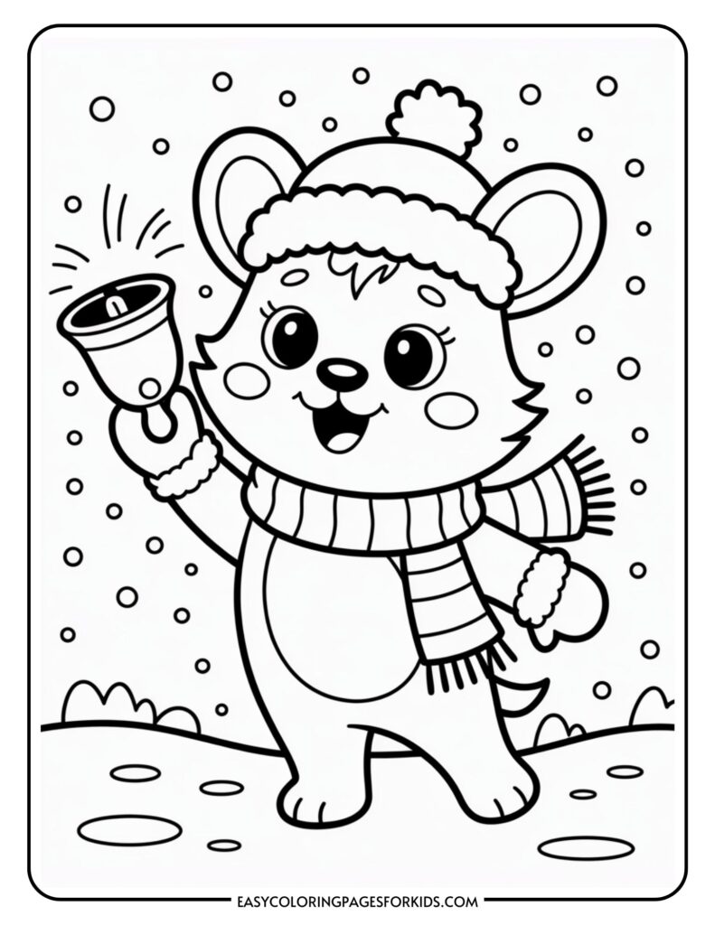 Cute cartoon animal wearing a winter hat and scarf, holding a bell in its paw, with a snowy background and hills.