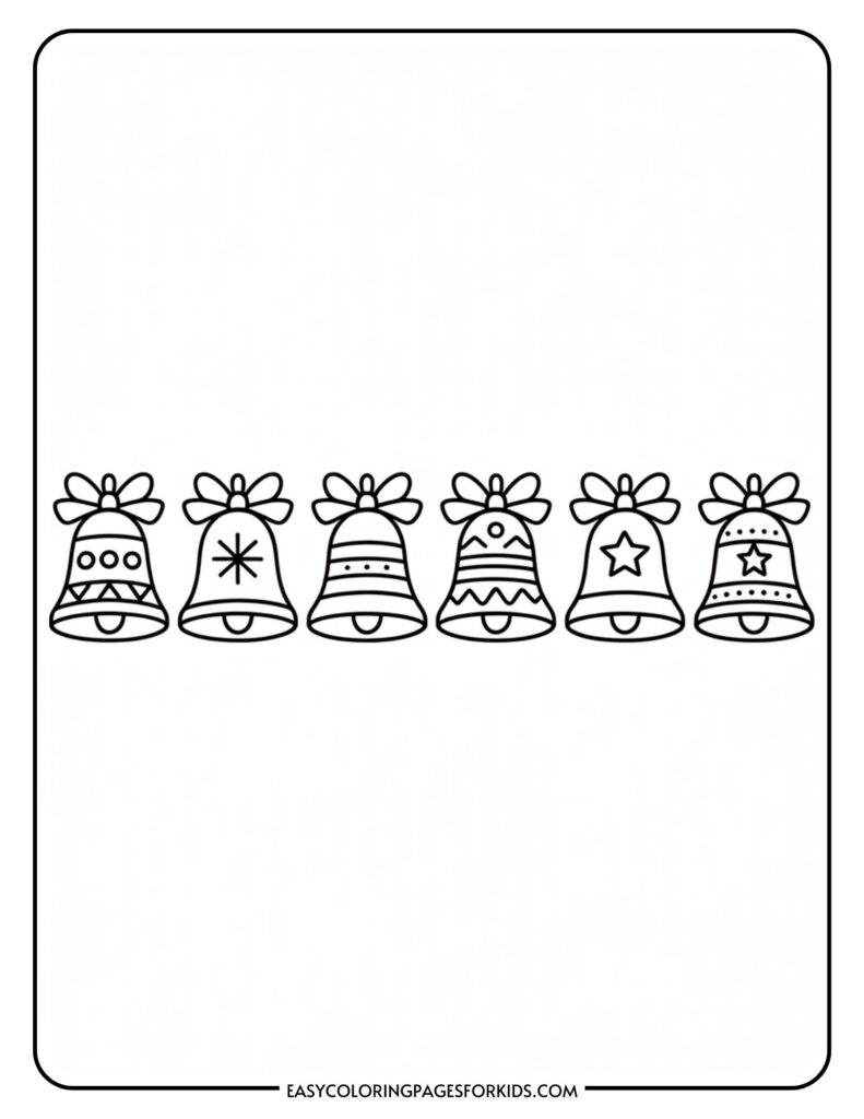 A line of six Christmas bells, each with a different design, including stars and geometric patterns, topped with bows, on a simple coloring page.