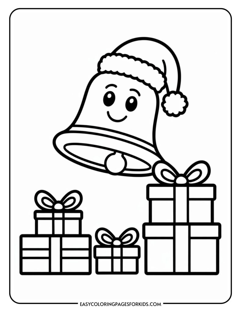 A coloring page featuring a smiling bell wearing a Santa hat above three wrapped gifts with bows.