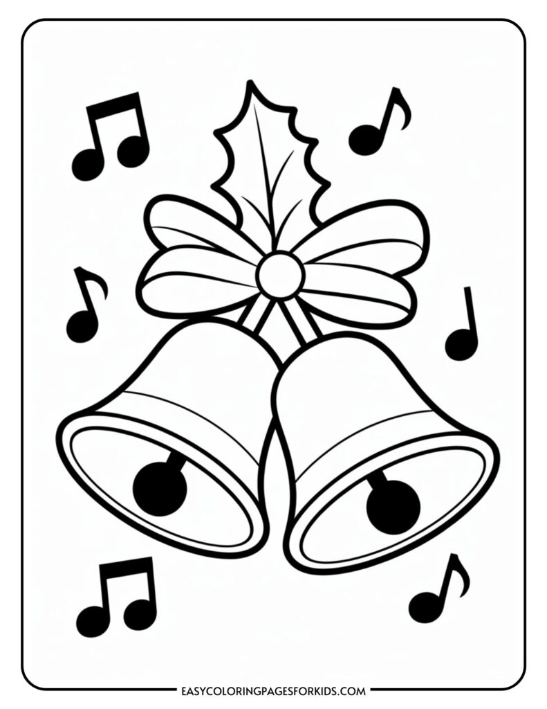 A black and white illustration of two ringing bells with a bow and holly leaves on top, surrounded by musical notes.