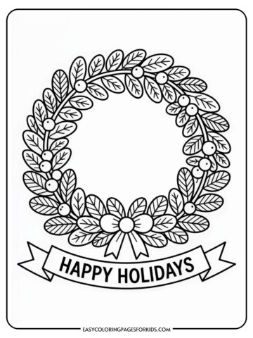 Black and white coloring page of a holiday wreath with leaves and berries, featuring a bow at the bottom and a banner reading 