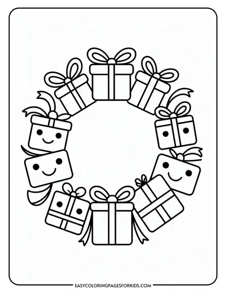 A circular arrangement of smiling gift boxes with ribbons and bows, forming a festive wreath design on a coloring page.