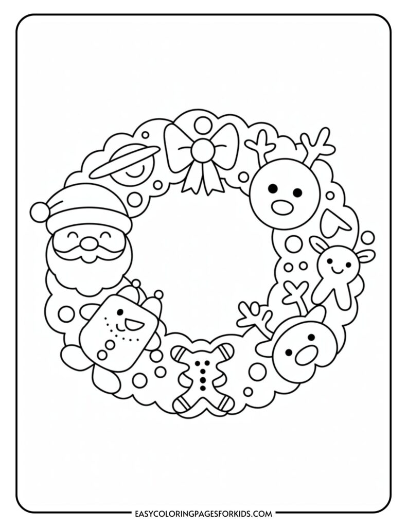 Coloring page of a Christmas wreath decorated with a bow, Santa, snowman, reindeer, gingerbread man, and other festive designs.