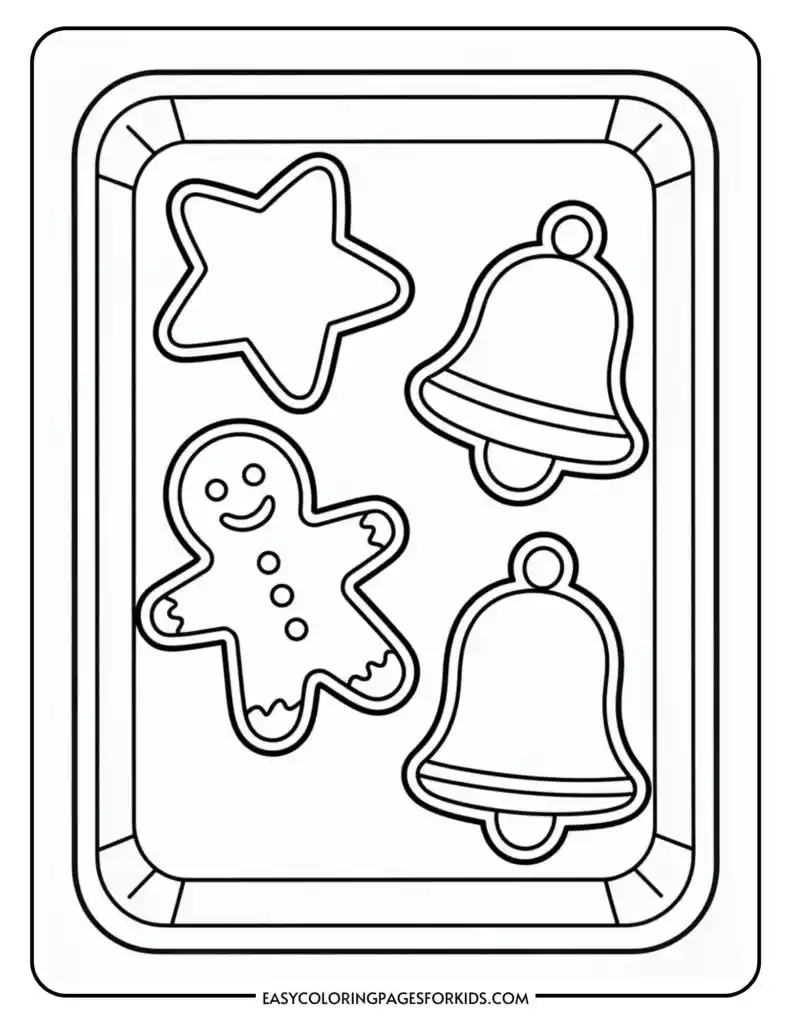 Line drawing of a baking sheet with holiday-themed cookie cutters, including a star, bell, and gingerbread man.
