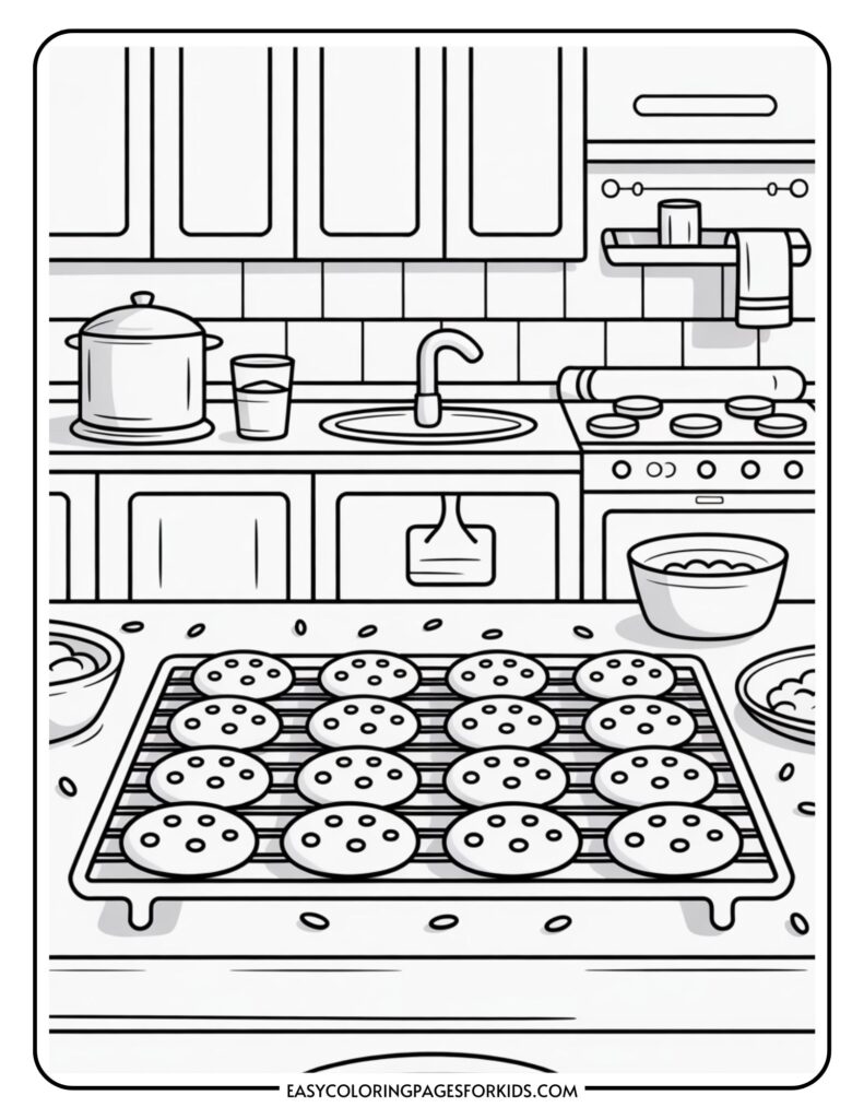 A black and white illustration of a kitchen scene with a cooling rack on a countertop holding multiple cookies. The background features kitchen cabinets, a sink with a faucet, a pot on the stove, and scattered ingredients like bowls and a glass, suggesting a recent baking session.