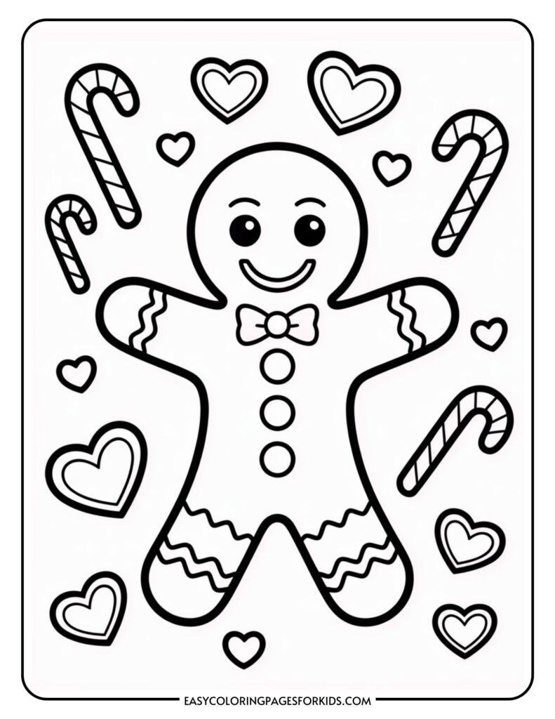 Black-and-white coloring page featuring a smiling gingerbread man with a bow tie, surrounded by hearts and candy canes.