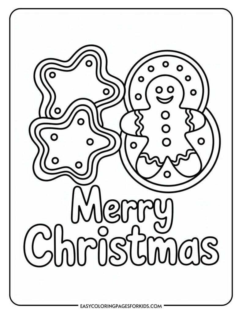 A coloring page depicting two star-shaped cookies, a gingerbread man cookie, and the text 'Merry Christmas' in bold letters below.