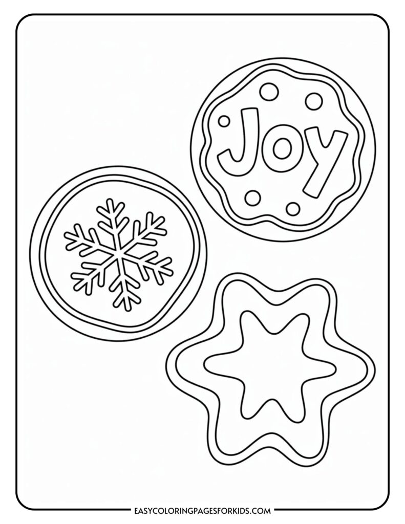A coloring page featuring three cookie designs: a round cookie with the word 'Joy' and polka dots, another round cookie with a snowflake design, and a star-shaped cookie with an outline.